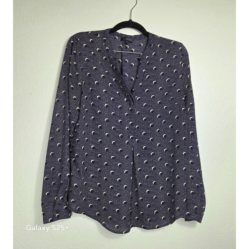 The Limited Navy Blue Celestial Moon Print V-Neck Blouse Long Sleeve Medium